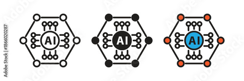 Hexagonal AI chip icons representing a central processing unit with digital connections. Great for data science, robotics, and advanced computing designs.