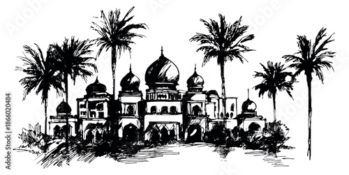 Hand drawn line art illustration of a middle eastern palace with palm trees depicting a scenic architectural view for travel and cultural themes