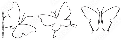 Black butterfly icon.  Three different black butterfly silhouettes arranged horizontally, isolated on white background, suitable for design, decoration, tattoo, logo, or nature concepts.
