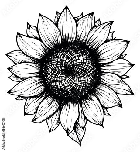 Hand drawn line art illustration of a sunflower depicting intricate details for summer designs