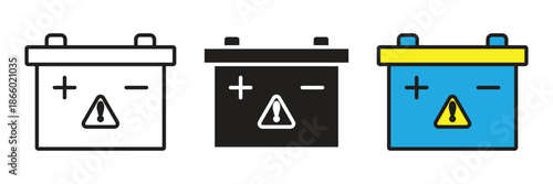Vector car battery icons with warning symbols in various styles. Suitable for automotive maintenance, electrical energy, power supply, and vehicle repair services.