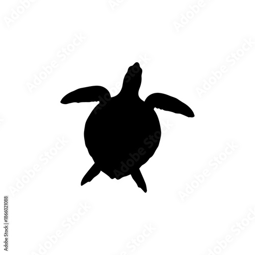 A black silhouette of a sea turtle swimming with its flippers extended.