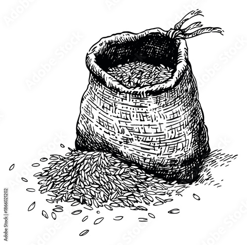 Hand drawn line art illustration of a sack of seeds depicting abundant harvest for farm and food concepts