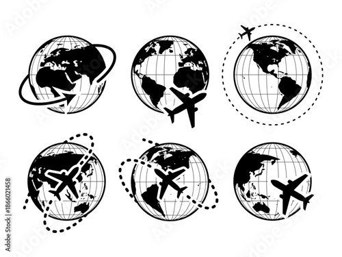 Global Travel and Aviation Icons Set – Airplane and World Globe Symbols with Flight Routes, International Tourism and Transportation Vector Illustration