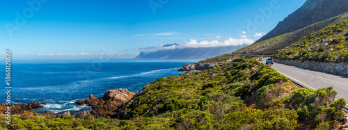 Konstfotografi Holiday views of cloud-covered Hottentots Holland Mountains from Clarence Drive, between Gordon's Bay and Rooi-Els, Western Cape, South Africa