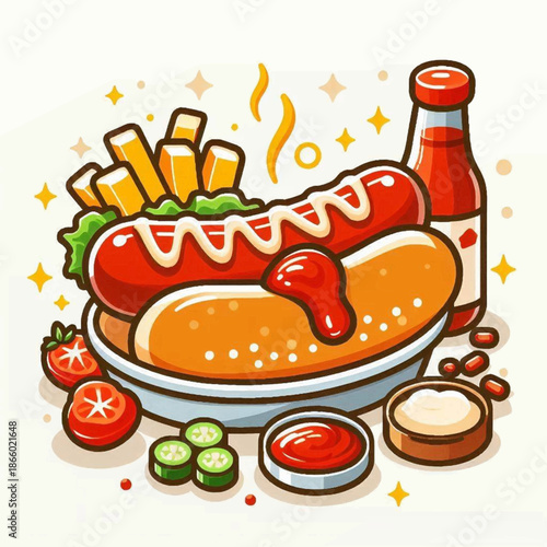 Cartoon hotdog with fries condiments ketchup and tomato slices on a plate