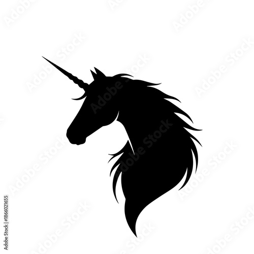 Black silhouette of a majestic unicorn head with a flowing mane and a single horn, depicted in profile against a white background.