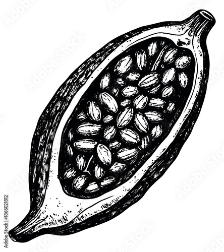 Hand drawn line art illustration of a cacao pod depicting cocoa beans inside for food and confectionery design