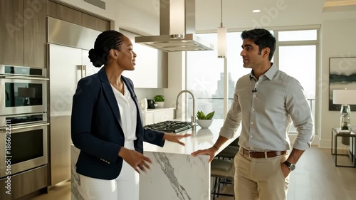 Man and woman touring modern apartment