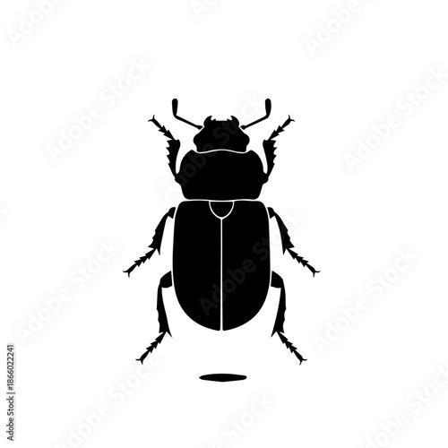 A black silhouette of a scarab beetle with its legs and antennae clearly defined against a white background.