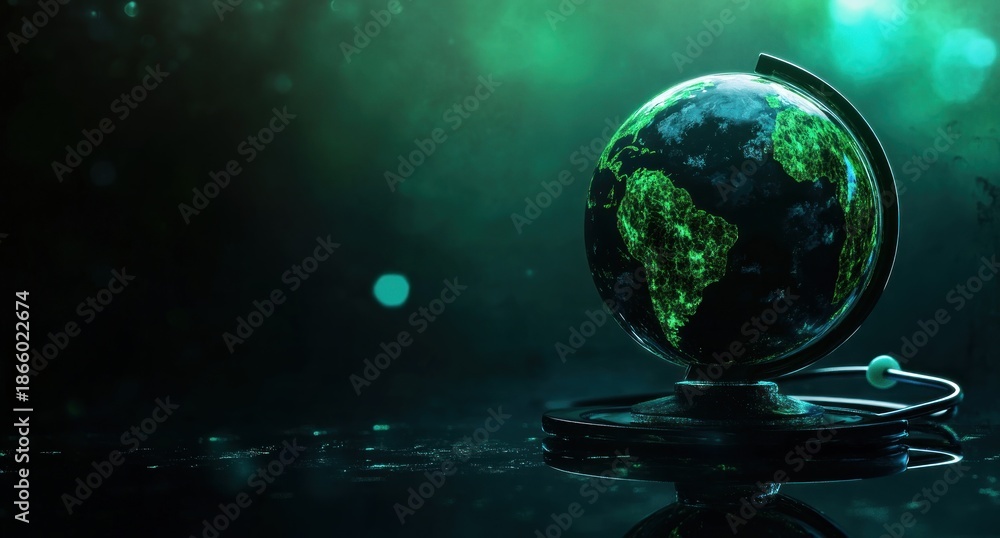 custom made wallpaper toronto digitalFuturistic Digital Green Earth Globe with Illuminated Continents on Reflective Dark Surface