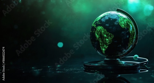 Wallpaper Mural Futuristic Digital Green Earth Globe with Illuminated Continents on Reflective Dark Surface Torontodigital.ca