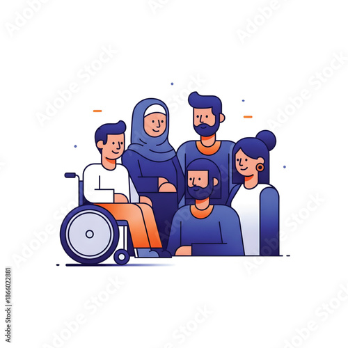 Diverse community portrait showcasing unity, equality, and social inclusion through a group of smiling individuals, including a person using a wheelchair, fostering collective belonging and harmony
