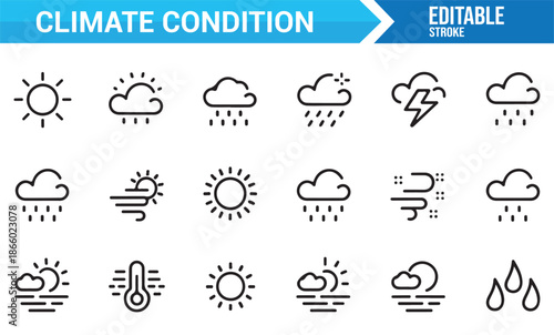 Sun rain wind and storm climate outline icon set