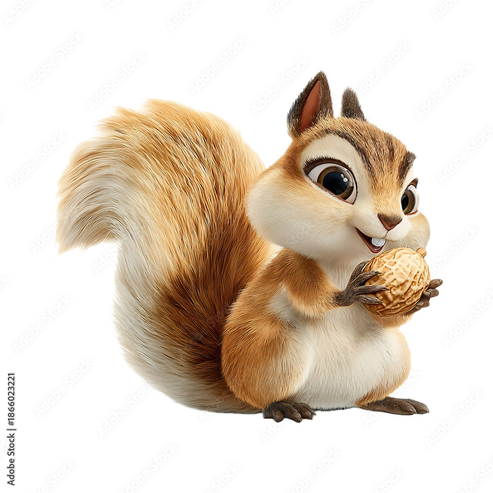 Fototapeta Cartoon Squirrel Holding Walnut, Smiling Cute Animated Character