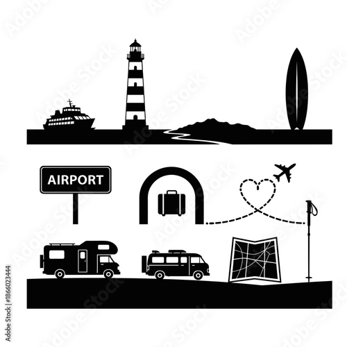 Silhouette collection of travel and transportation including airport sign lighthouse ship R V and map