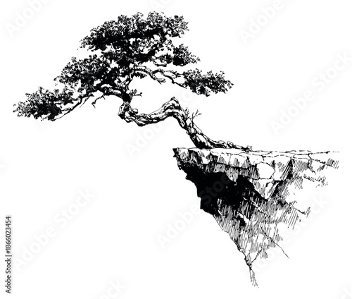 Line art illustration of an old tree depicting resilience on a cliff edge for nature concepts