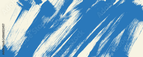 Dynamic diagonal blue brush stroke banner background. Hand drawn vector grainy brush stroke texture. Distress damaged edge vintage template with squiggle or expressive abstract bold smears.