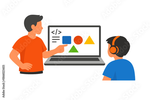 Coding education: Teacher guiding student on laptop