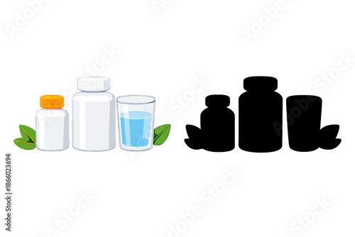 Medicine bottles with a glass of water and leaves