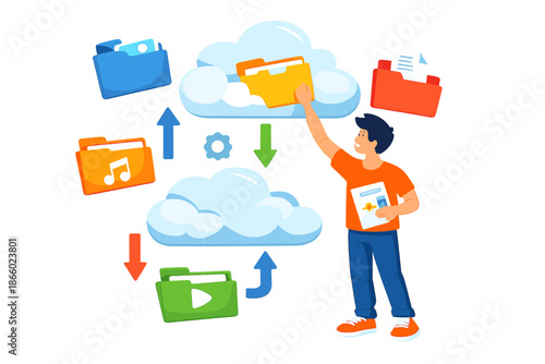 Man interacting with cloud storage for digital files
