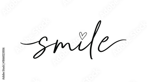 Elegant Handwritten 'Smile' Typography with a Delicate Heart, Black on White, Inspirational Script Font Design
