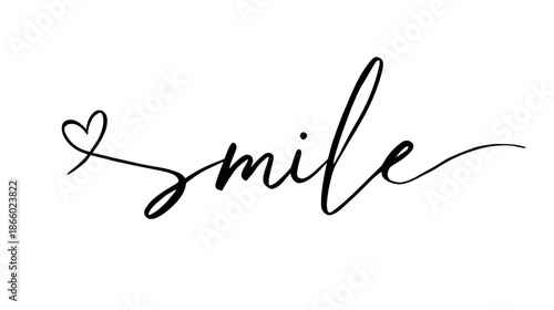 Beautiful Calligraphy 'Smile' Word in Elegant Hand Lettered Script with Heart Symbol, Inspirational Typography Design