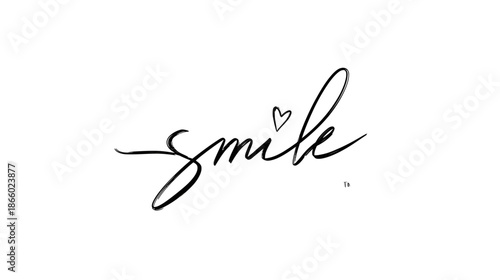 Elegant handwritten 'Smile' typography with heart icon in script font. Positive affirmation, happy feeling graphic design element on white.