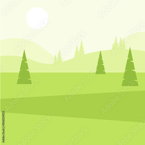 Serene Green Pine Forest Landscape with Sun Illustration
