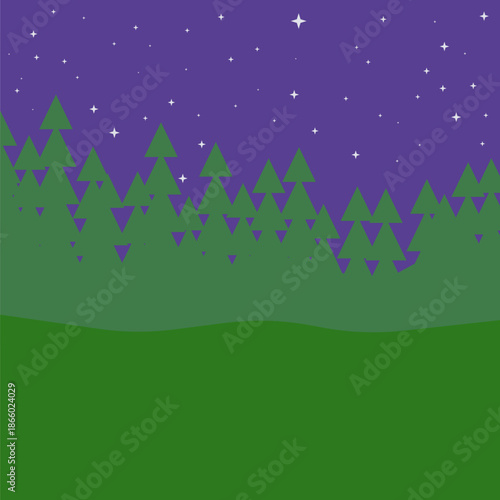 Night Forest with Pine Trees and Starry Sky Illustration