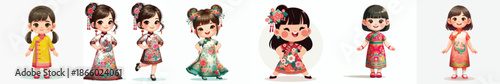 Vector of little girl wearing Cheongsam/Qipao clothes. Vector, minimalist, illustration, icon set.