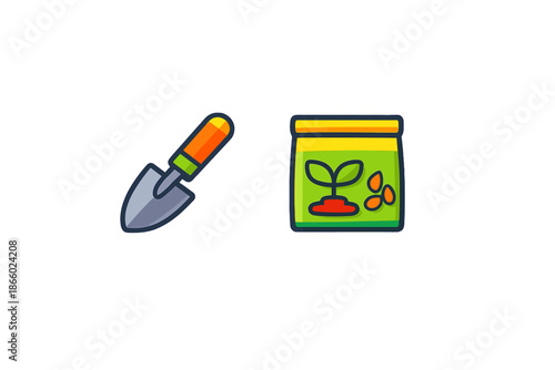 Gardening shovel and seed bag icon set