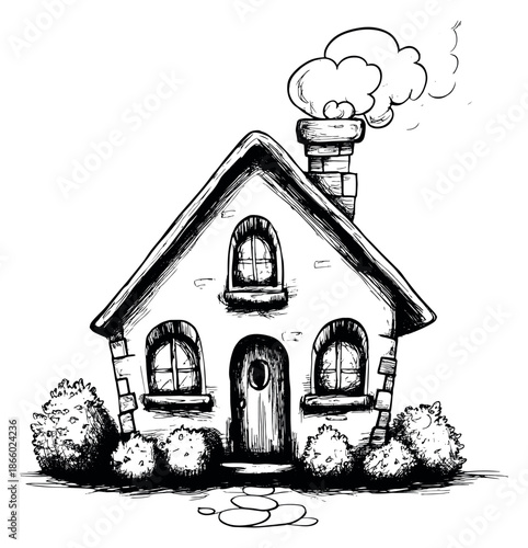 Hand drawn illustration of a charming house depicting a smoking chimney for cozy living concepts