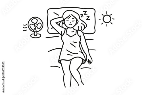 Woman sleeping with fan and sun