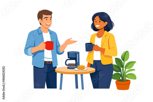 Two colleagues having coffee break and chatting