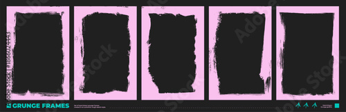 Pink grunge photo frames collection with rough bold borders. Rectangle template damaged background with graffiti texture. Paper template with crack bold borders for social media networks. © Anastasiia Hevko