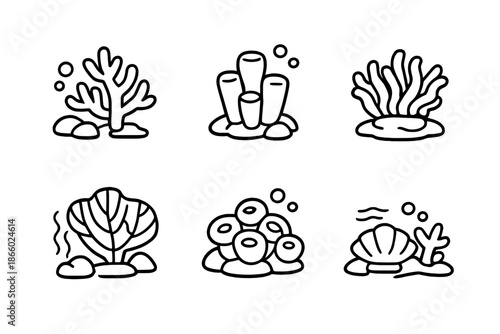 Set of six cartoon coral icons on a dark background