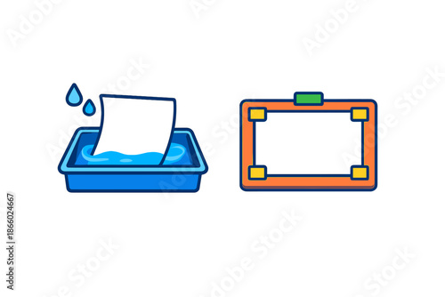 Illustration of a piece of paper being dipped in blue water and a digital tablet