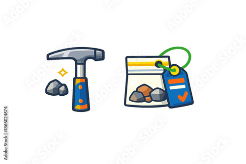 Geology icons with hammer, rocks, and sample bag