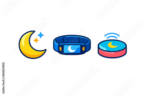 Sleep tracking icons: moon, fitness tracker, smart device