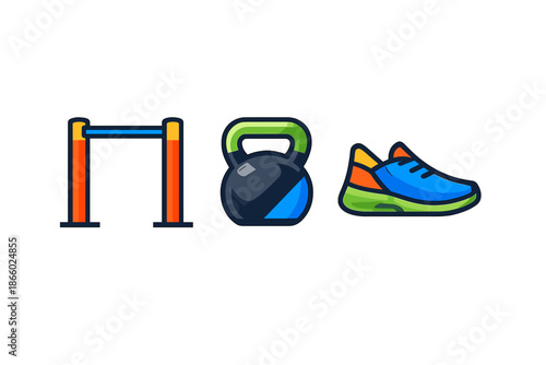 Fitness Icons: Pull-up Bar, Kettlebell, and Running Shoe