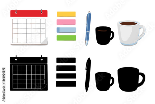 Office supplies and coffee on a desk