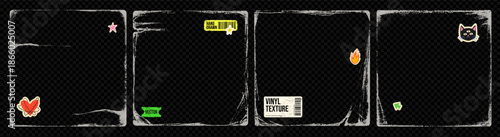 Distressed vinyl cover texture overlay collection with colorful stickers. Cd or vinyl rough edges square covers. Hand drawn vector scratchy and folded grainy matte covers. Grange label rough texture.
