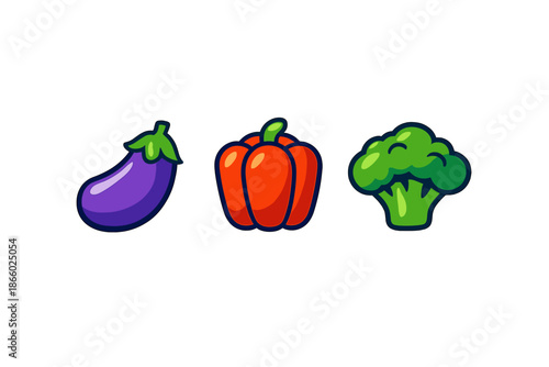 Cute cartoon vegetables: eggplant, bell pepper, and broccoli