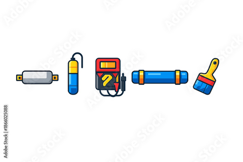 Set of colorful cartoon icons on a gray background