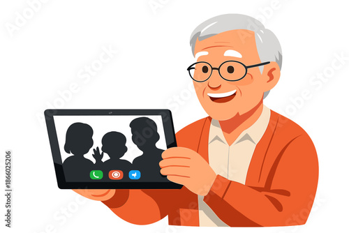 Elderly man video calling family