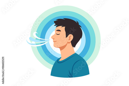 Man breathing deeply with serene concentric circles