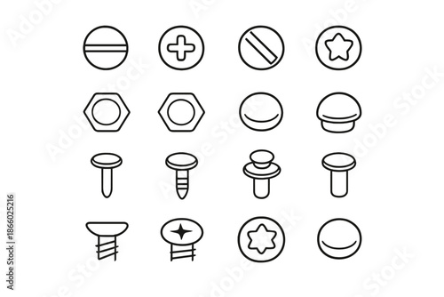 Collection of stylized icons of screws, nuts, and bolts