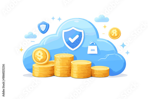 Cloud security with coins and shopping bag icons