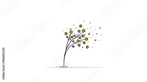 Minimalist stylized tree illustration with golden stars blowing in the wind on a clean white background, depicting dreams and growth.